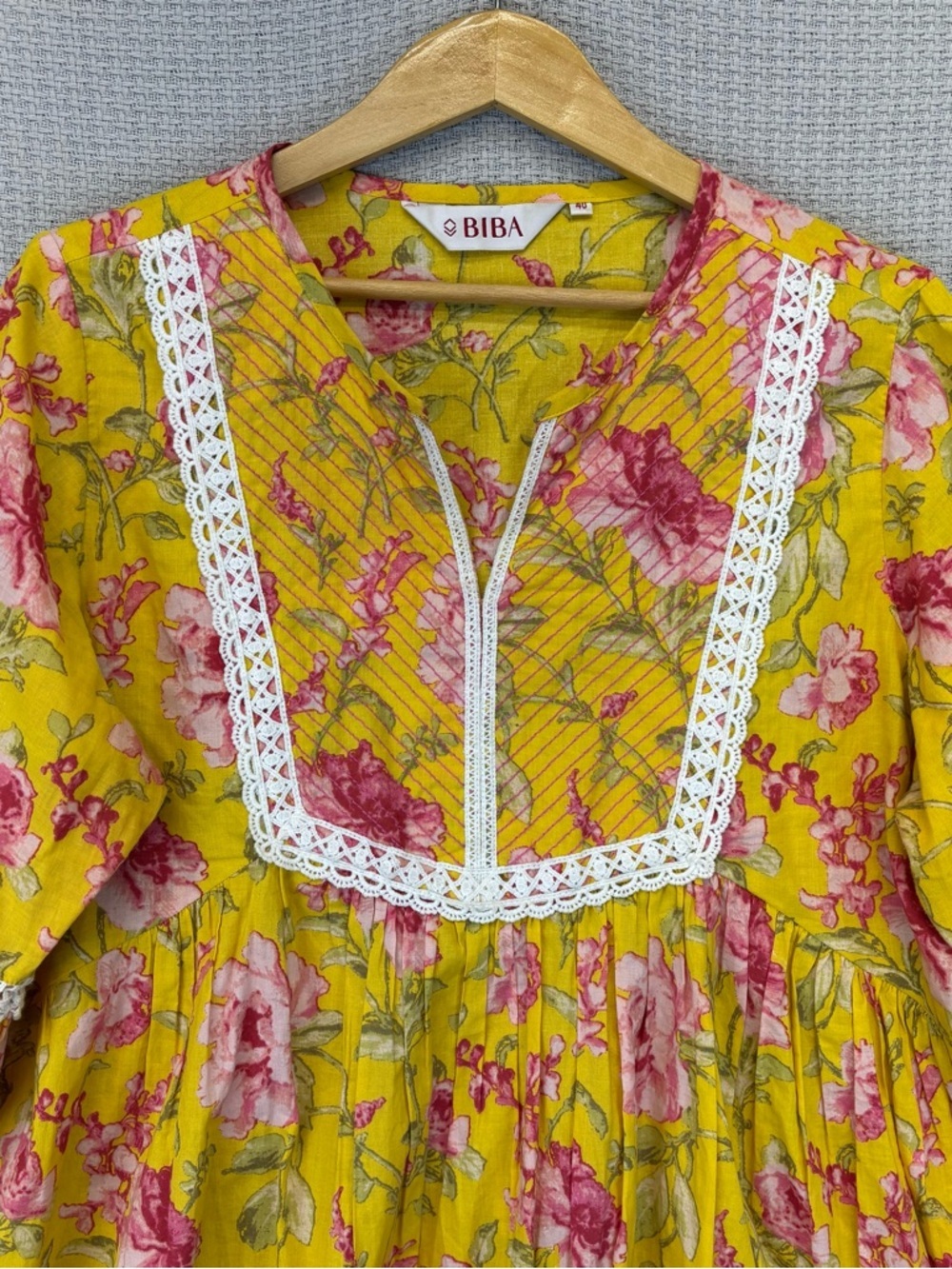 BIBA Yellow Floral Lightweight Boho Hippie Mini Dress Wide Sleeve Boho Sz 40 Med - Picture 3 of 9
